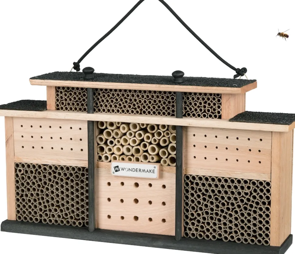 WONDERMAKE® Design Insektenhotel aus Holz mit 7 Zimmern und Terrasse, Bienenhotel groß hängend Nisthilfe für Wildbienen, 48 x 10,5 x 27 cm, braun schwarz