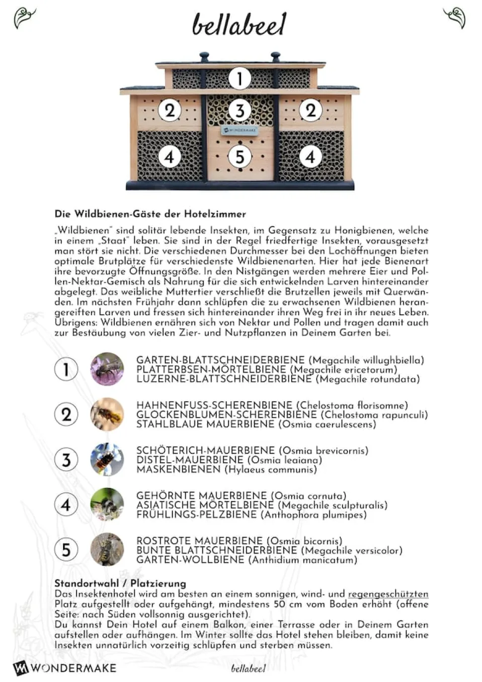 WONDERMAKE® Design Insektenhotel aus Holz mit 7 Zimmern und Terrasse, Bienenhotel groß hängend Nisthilfe für Wildbienen, 48 x 10,5 x 27 cm, braun schwarz