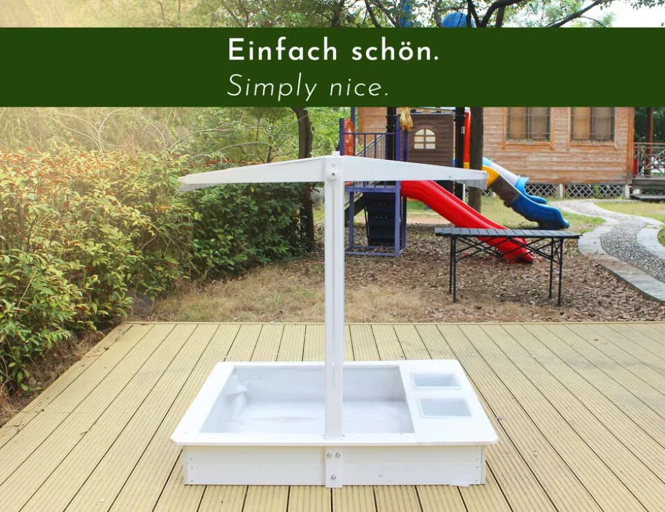 WONDERMAKE® Design Sandkasten mit Matschküche, Dach, Abdeckung OXFORD 420D, Vliesfolie, Sandkiste Holz quadratisch verschließbar Outdoor Garten für Kinder, weiß silber