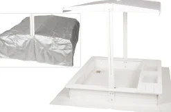 WONDERMAKE® Design Sandkasten mit Matschküche, Dach, Abdeckung OXFORD 420D, Vliesfolie, Sandkiste Holz quadratisch verschließbar Outdoor Garten für Kinder, weiß silber