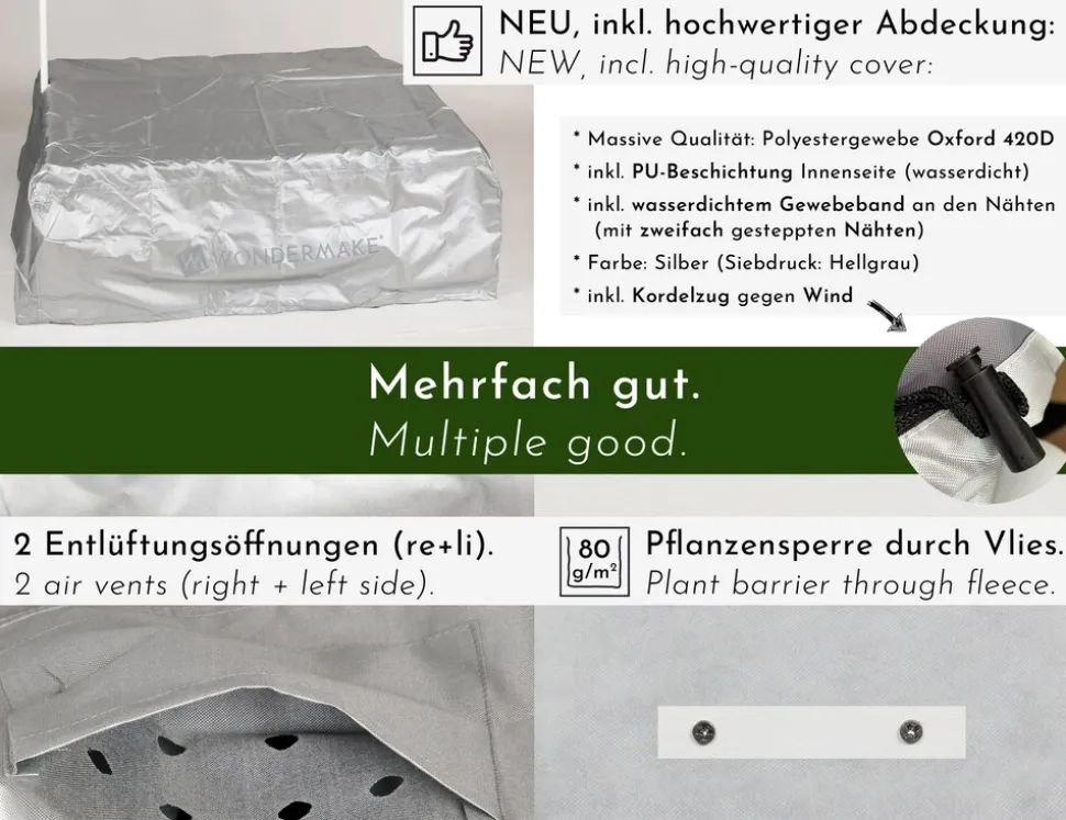 WONDERMAKE® Design Sandkasten mit Matschküche, Dach, Abdeckung OXFORD 420D, Vliesfolie, Sandkiste Holz quadratisch verschließbar Outdoor Garten für Kinder, weiß silber