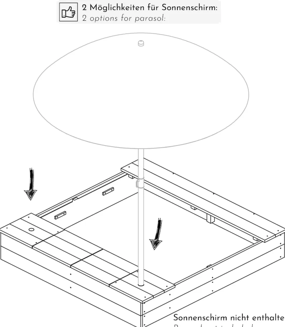 WONDERMAKE® Design Sandkasten mit Matschküche, Abdeckung OXFORD 420D, Vliesfolie, Sandkiste Holz quadratisch verschließbar Outdoor Garten für Kinder, weiß bunt