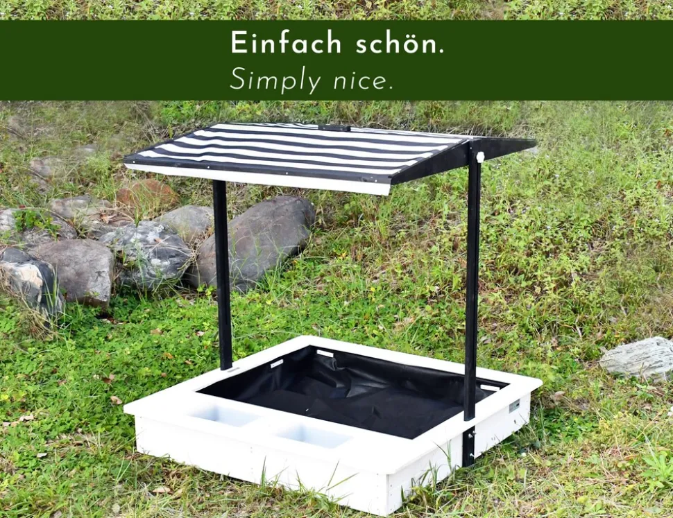 WONDERMAKE® Design Sandkasten mit Matschküche, Dach, Abdeckung OXFORD 420D, Vliesfolie, Sandkiste Holz quadratisch verschließbar Outdoor Garten für Kinder, schwarz weiß
