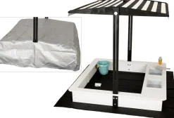 WONDERMAKE® Design Sandkasten mit Matschküche, Dach, Abdeckung OXFORD 420D, Vliesfolie, Sandkiste Holz quadratisch verschließbar Outdoor Garten für Kinder, schwarz weiß