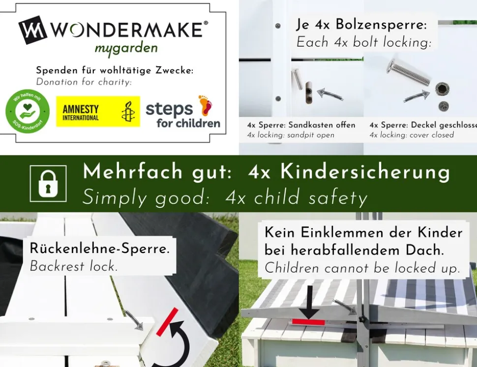 WONDERMAKE® Design Sandkasten Holz mit Dach, Abdeckung & Sitzbank, Kinder Sandkiste mit klappbarem Deckel, UV-Sonnenschutz, Sandbox quadratisch Garten Outdoor Spielplatz, 120x120 cm, weiß grau schwarz
