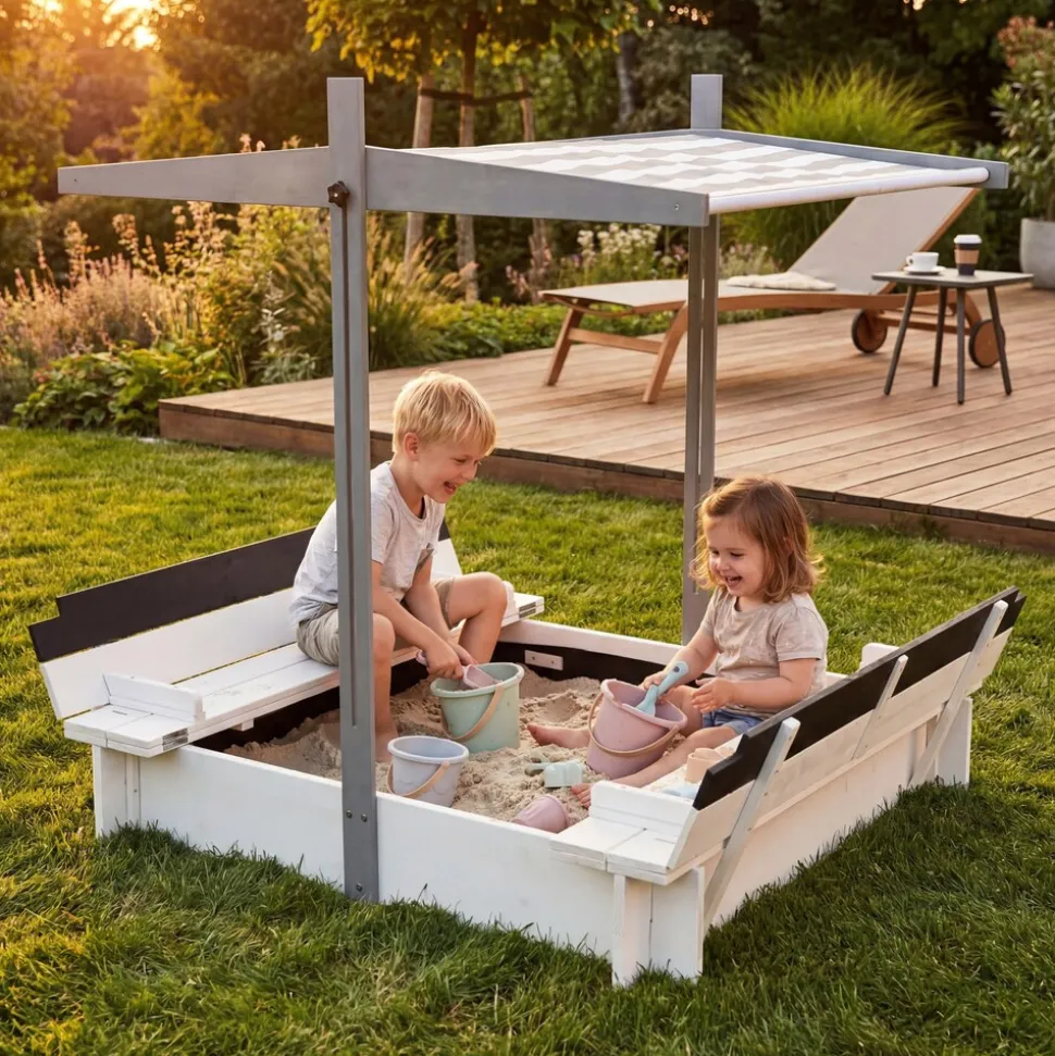WONDERMAKE® Design Sandkasten Holz mit Dach, Abdeckung & Sitzbank, Kinder Sandkiste mit klappbarem Deckel, UV-Sonnenschutz, Sandbox quadratisch Garten Outdoor Spielplatz, 120x120 cm, weiß grau schwarz