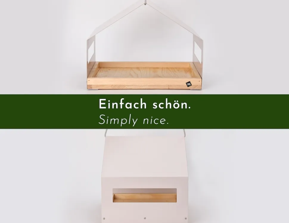 WONDERMAKE® Großes Design Vogelhaus aus Metall und Holz wetterfest zum Aufhängen, modernes Vogelfutterhaus XL Metalldach hängend, Vogelhäuschen Futterhaus für Vögel, Edelstahl Kiefer, grau-beige