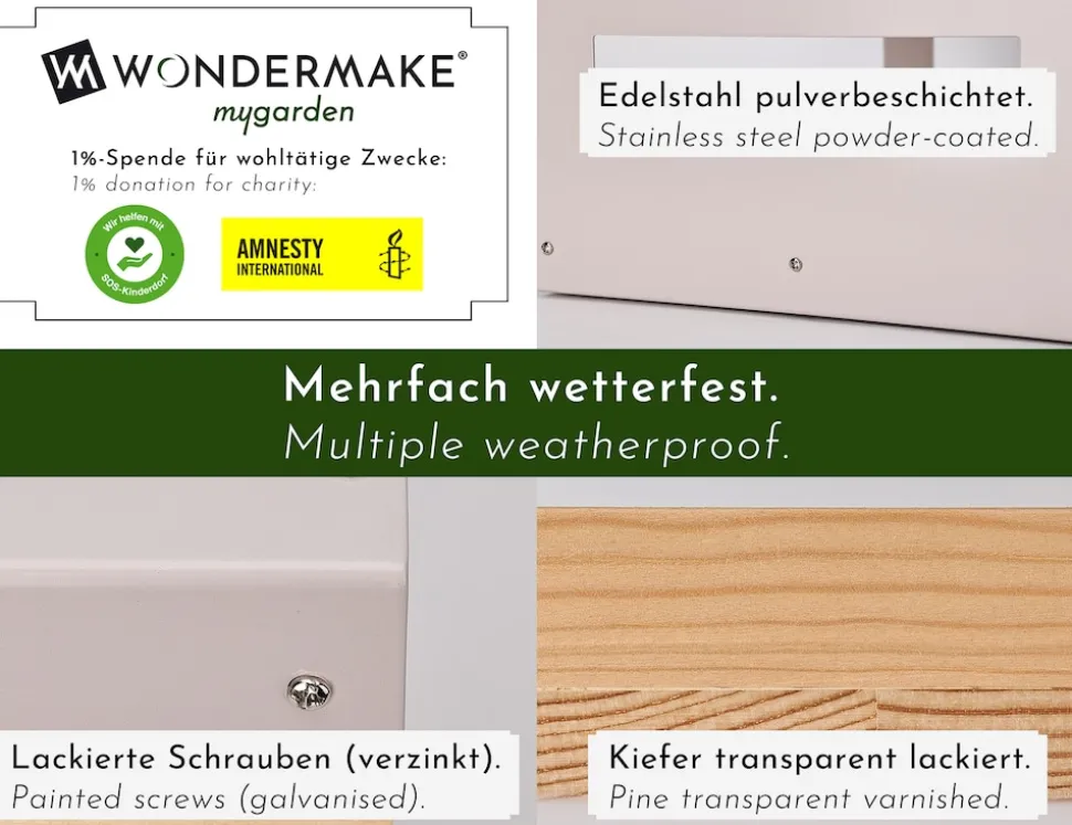 WONDERMAKE® Großes Design Vogelhaus aus Metall und Holz wetterfest zum Aufhängen, modernes Vogelfutterhaus XL Metalldach hängend, Vogelhäuschen Futterhaus für Vögel, Edelstahl Kiefer, grau-beige