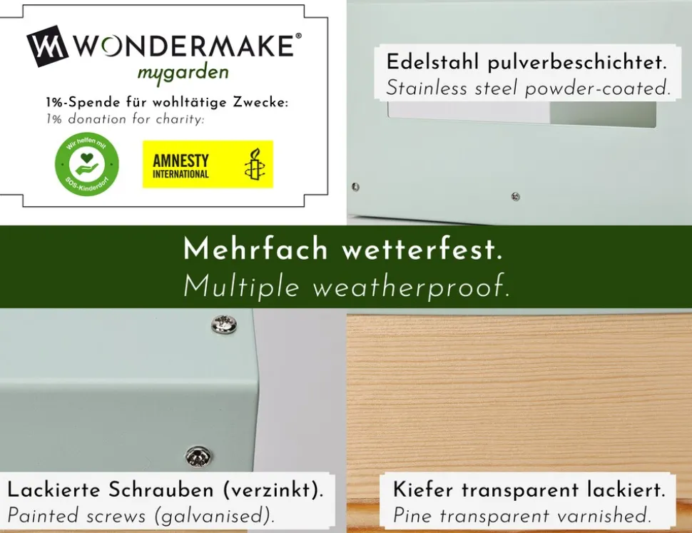 WONDERMAKE® Großes Design Vogelhaus aus Metall und Holz wetterfest zum Aufhängen, modernes Vogelfutterhaus XL Metalldach hängend, Vogelhäuschen Futterhaus für Vögel, Edelstahl Kiefer, türkis-grau mint