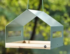 WONDERMAKE® Großes Design Vogelhaus aus Metall und Holz wetterfest zum Aufhängen, modernes Vogelfutterhaus XL Metalldach hängend, Vogelhäuschen Futterhaus für Vögel, Edelstahl Kiefer, türkis-grau mint