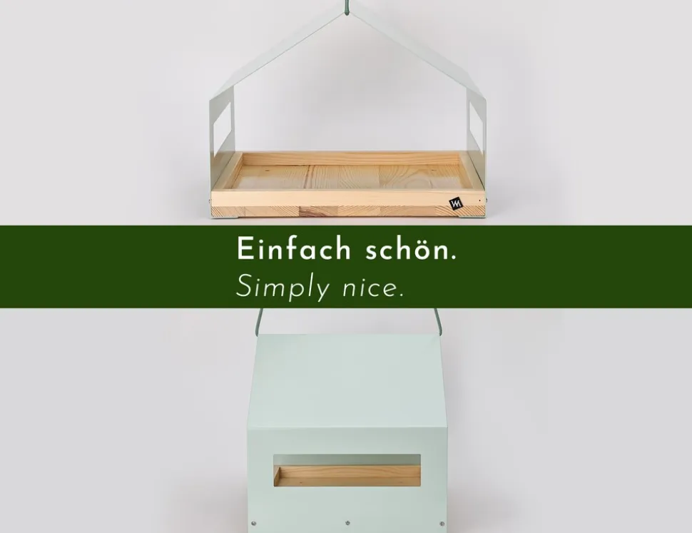 WONDERMAKE® Großes Design Vogelhaus aus Metall und Holz wetterfest zum Aufhängen, modernes Vogelfutterhaus XL Metalldach hängend, Vogelhäuschen Futterhaus für Vögel, Edelstahl Kiefer, türkis-grau mint