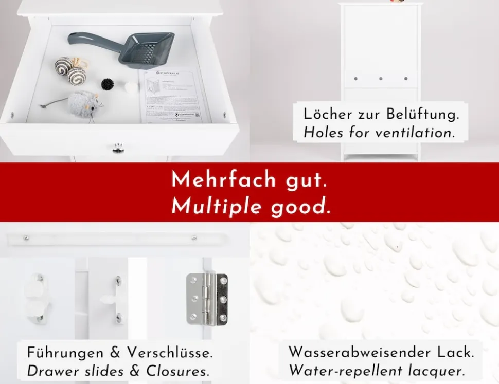 WONDERMAKE® Katzenschrank für Katzentoilette groß hoch aus Holz, Katzenklo-Schrank Kommode mit Schublade und Tür geschlossen, Design Katzen-Haus Toilette Klo XL, 51 x 46 x 96 cm, weiß