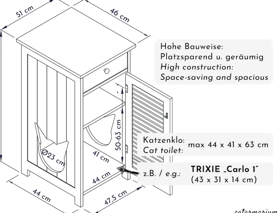 WONDERMAKE® Katzenschrank für Katzentoilette groß hoch aus Holz, Katzenklo-Schrank Kommode mit Schublade und Tür geschlossen, Design Katzen-Haus Toilette Klo XL, 51 x 46 x 96 cm, weiß