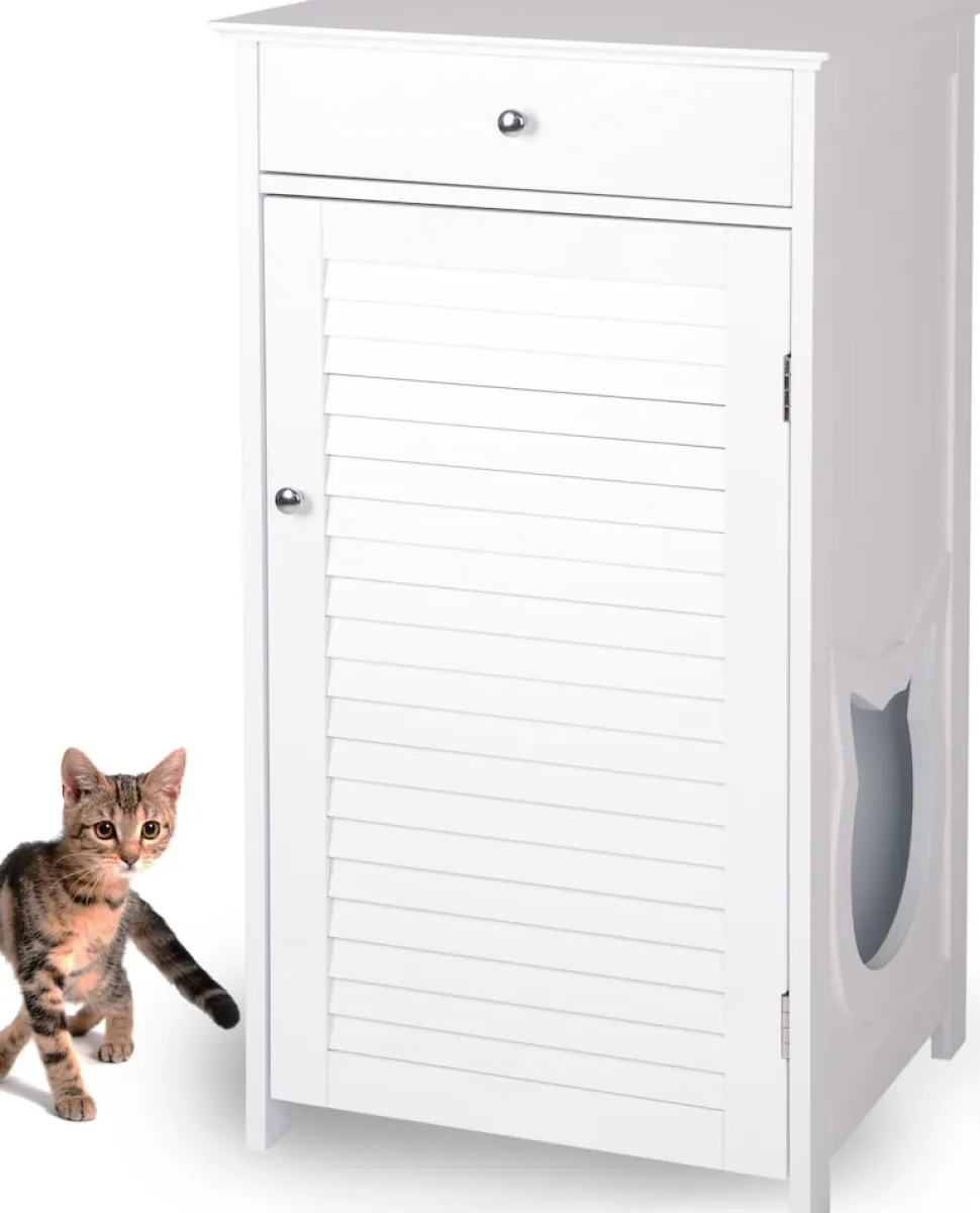 WONDERMAKE® Katzenschrank für Katzentoilette groß hoch aus Holz, Katzenklo-Schrank Kommode mit Schublade und Tür geschlossen, Design Katzen-Haus Toilette Klo XL, 51 x 46 x 96 cm, weiß