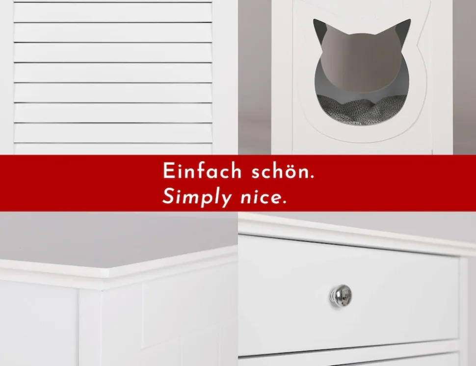 WONDERMAKE® Katzenschrank für Katzentoilette groß hoch aus Holz, Katzenklo-Schrank Kommode mit Schublade und Tür geschlossen, Design Katzen-Haus Toilette Klo XL, 51 x 46 x 96 cm, weiß