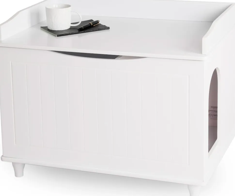 WONDERMAKE® Katzenschrank für Katzentoilette groß aus Holz, Katzenklo-Schrank Kommode XL, Design Katzen-Haus Toilette Klo Waschbecken-Unterschrank für Bad, 73,5 x 51,5 x 57 cm, weiß