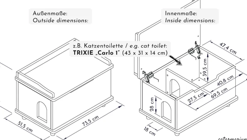 WONDERMAKE® Katzenschrank für Katzentoilette groß aus Holz, Katzenklo-Schrank Kommode XL, Design Katzen-Haus Toilette Klo Waschbecken-Unterschrank für Bad, 73,5 x 51,5 x 57 cm, weiß