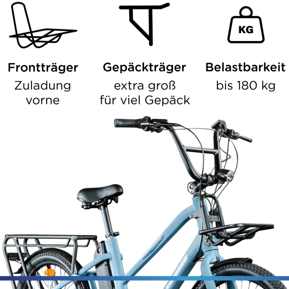 Zündapp Longtail M400 E Bike Lastenrad bis 180 kg 24 Zoll Elektrofahrrad 160-195 cm Mittelmotor Cargo Elektro Fahrrad 7 Gänge Pedelec
