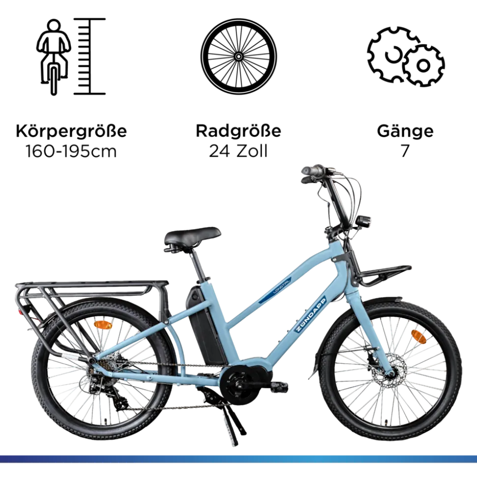 Zündapp Longtail M400 E Bike Lastenrad bis 180 kg 24 Zoll Elektrofahrrad 160-195 cm Mittelmotor Cargo Elektro Fahrrad 7 Gänge Pedelec