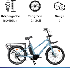 Zündapp Longtail M400 E Bike Lastenrad bis 180 kg 24 Zoll Elektrofahrrad 160-195 cm Mittelmotor Cargo Elektro Fahrrad 7 Gänge Pedelec