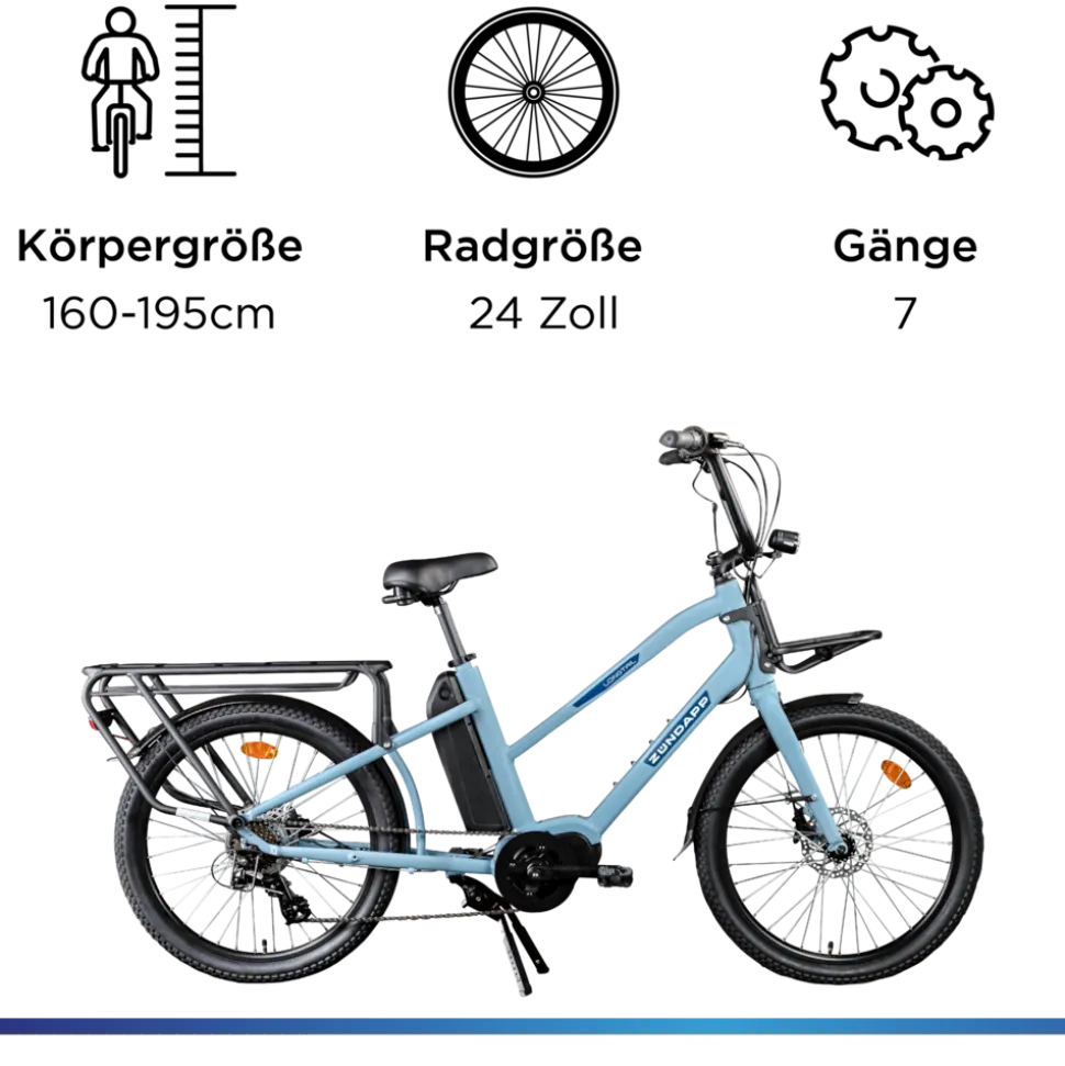 Zündapp Longtail M400 E Bike Lastenrad bis 180 kg 24 Zoll Elektrofahrrad 160-195 cm Mittelmotor Cargo Elektro Fahrrad 7 Gänge Pedelec