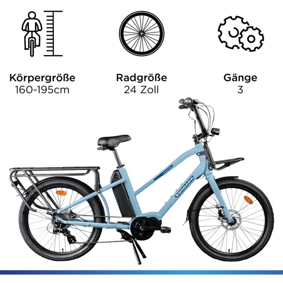 Zündapp Longtail M400 E Bike Lastenrad bis 180 kg 24 Zoll Elektrofahrrad 160-195 cm Mittelmotor Cargo Elektro Fahrrad 7 Gänge Pedelec