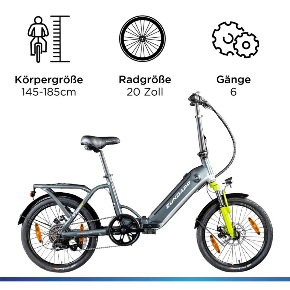 Zündapp ZT20R Ebike Klapprad für Erwachsene 145 - 185 cm Pedelec für Damen und Herren 20 Zoll mit 6 Gängen Elektro Bike Faltrad